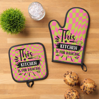 Retro Funny Kitchen Sprichwort Rosa Grün Ofenhandschuh & Topflappen-Set
