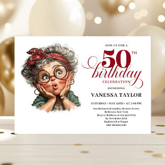 Retro funny lady turning 50 birthday invitation einladung
