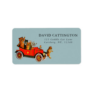 Retro Funny Louis Wain Cartoon Cats & Antique Car Adressaufkleber