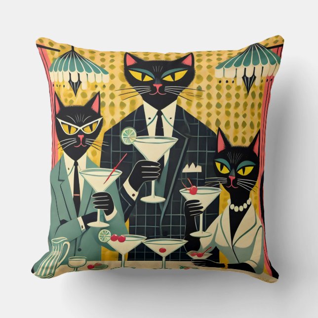 Retro Futuristic Black Cat Martini Club Kissen (Vorderseite)