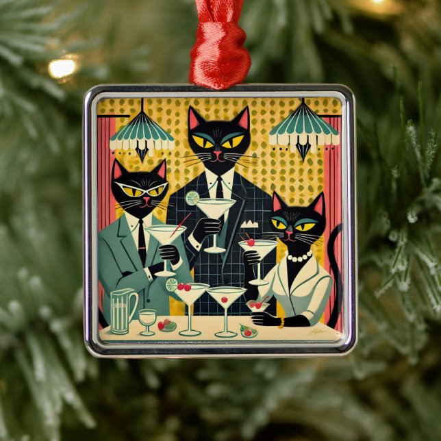 Retro Futuristic Black Cat Martini Club Ornament Aus Metall (Baum)
