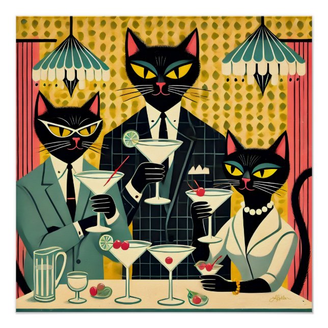 Retro Futuristic Black Cat Martini Club Poster (Vorderseite)