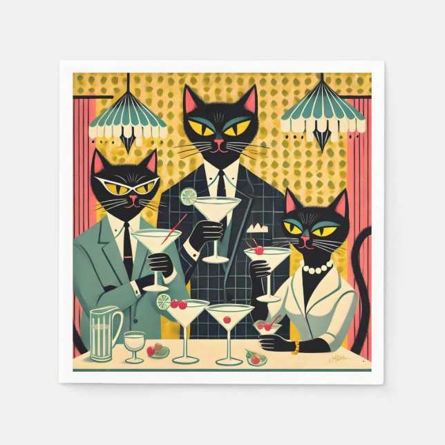 Retro Futuristic Black Cat Martini Club Serviette (Vorderseite)