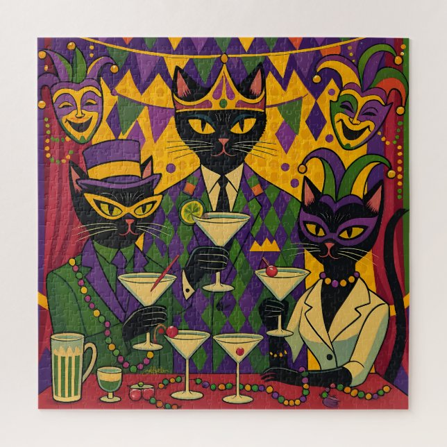 Retro Futuristic Mardi Gras Black Cat Martini Club (Vertikal)