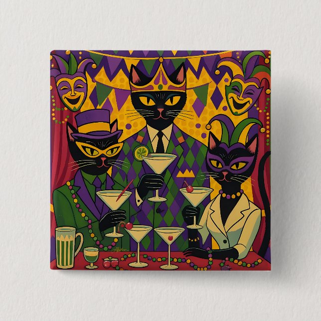 Retro Futuristic Mardi Gras Black Cat Martini Club Button (Vorderseite)