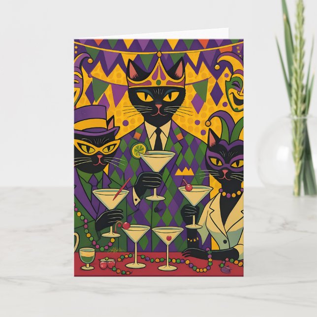 Retro Futuristic Mardi Gras Black Cat Martini Club Karte (Vorderseite)