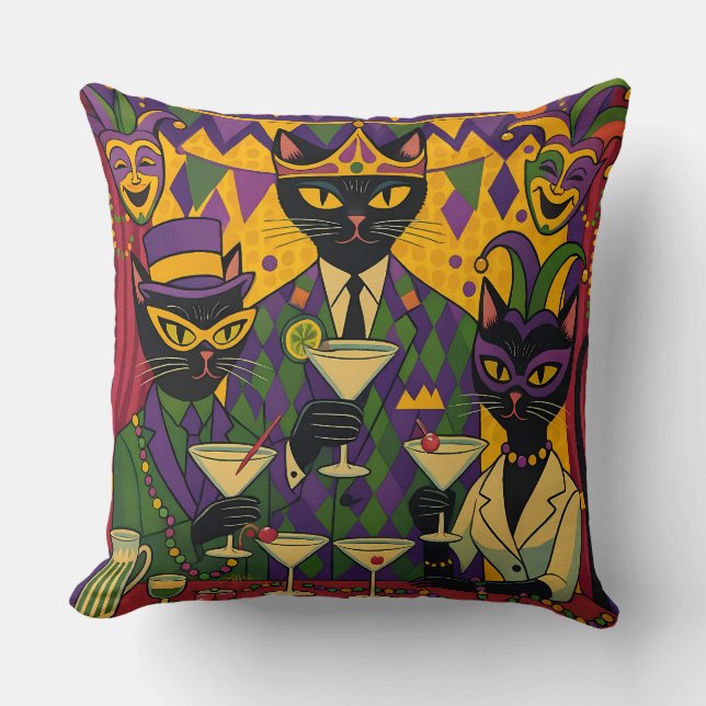Retro Futuristic Mardi Gras Black Cat Martini Club Kissen (Vorderseite)
