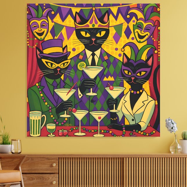 Retro Futuristic Mardi Gras Black Cat Martini Club Leinwanddruck (Insitu (Wohnzimmer))