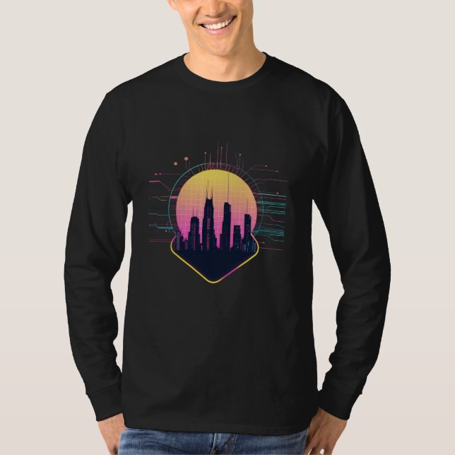Retro Futuristic Neon Cityscape Tech T-Shirt (Vorderseite)