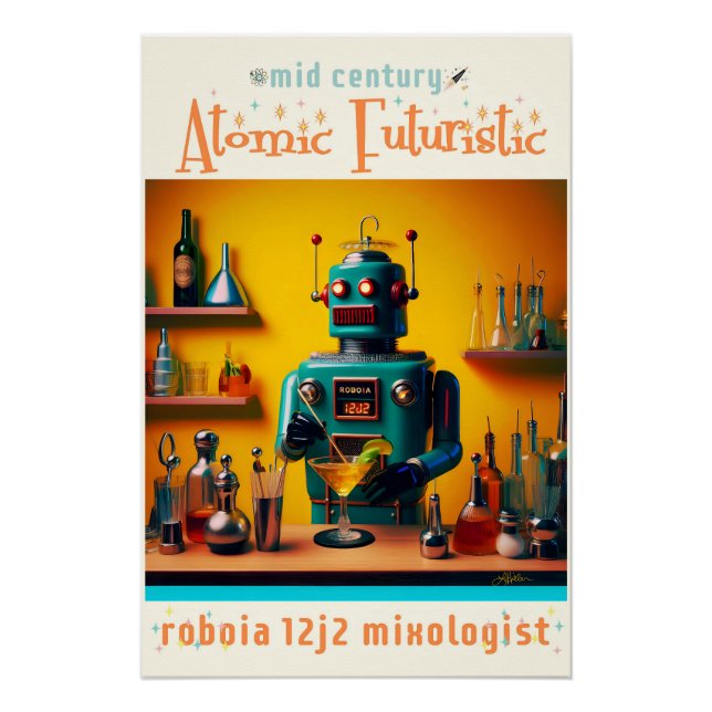 Retro Futuristic Robot ROBIA 12J2 Mixologe Poster (Vorderseite)