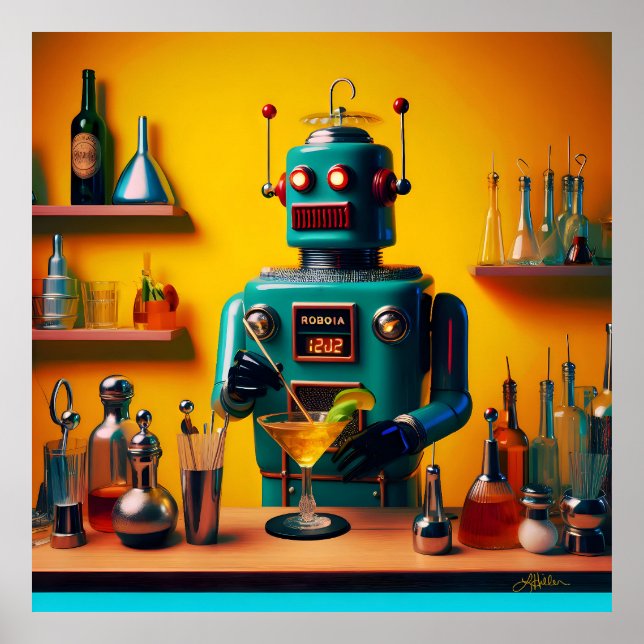 Retro Futuristic Robot ROBIA 12J2 Mixologe Poster (Vorne)