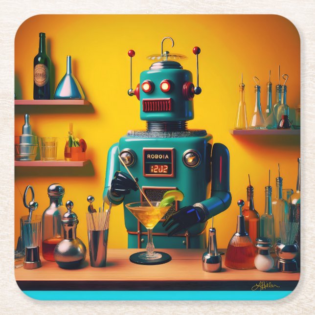 Retro Futuristic Robot ROBIA 12J2 Mixologe Rechteckiger Pappuntersetzer (Vorderseite)