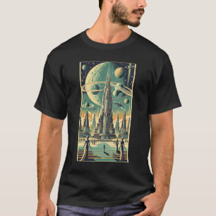 Retro-futuristische Alien-Stadt-Postkarten-Kunst T-Shirt