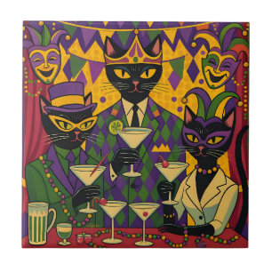 Retro-futuristische Mardi-Gras-Black-Cat-Martini-C Fliese