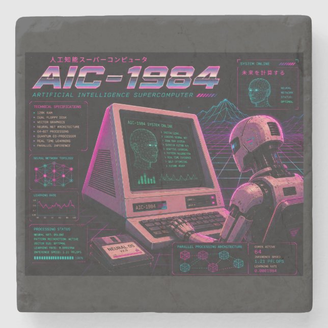 Retro-futuristischer AI-Roboter-Computer-Vaporwave Steinuntersetzer (Vorderseite)