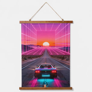 Retro-futuristischer Auto-Sonnenuntergang-Wandkuns Wandteppich Mit Holzrahmen