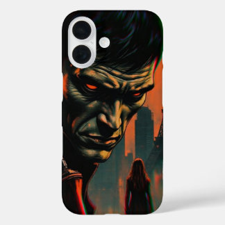 Retro-futuristischer Mann in der Metropole iPhone 16 Hülle