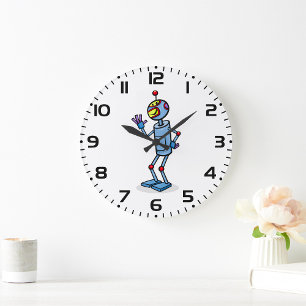 Retro-futuristischer Roboter-Charakter winkend Große Wanduhr