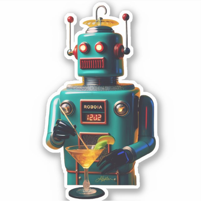 Retro-futuristischer Roboter ROBIA 12J2 Mixologe Aufkleber (Vorderseite)