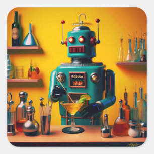 Retro-futuristischer Roboter ROBIA 12J2 Mixologe Quadratischer Aufkleber