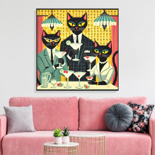 Retro-futuristischer Schwarze-Katze-Martini-Club Leinwanddruck