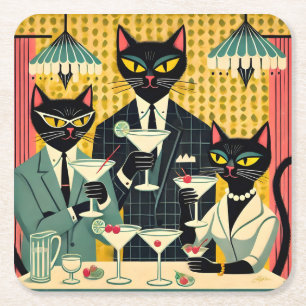 Retro-futuristischer Schwarze-Katze-Martini-Club Rechteckiger Pappuntersetzer