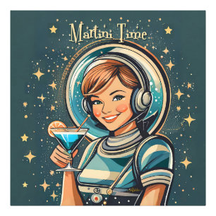 Retro-futuristisches Astro-Mädchen Martini-Zeit Fotodruck