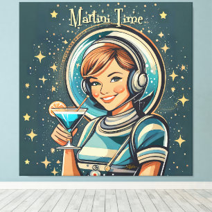 Retro-futuristisches Astro-Mädchen Martini-Zeit Leinwanddruck