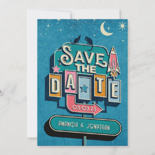 Retro-futuristisches Hochzeitsschild Save The Date