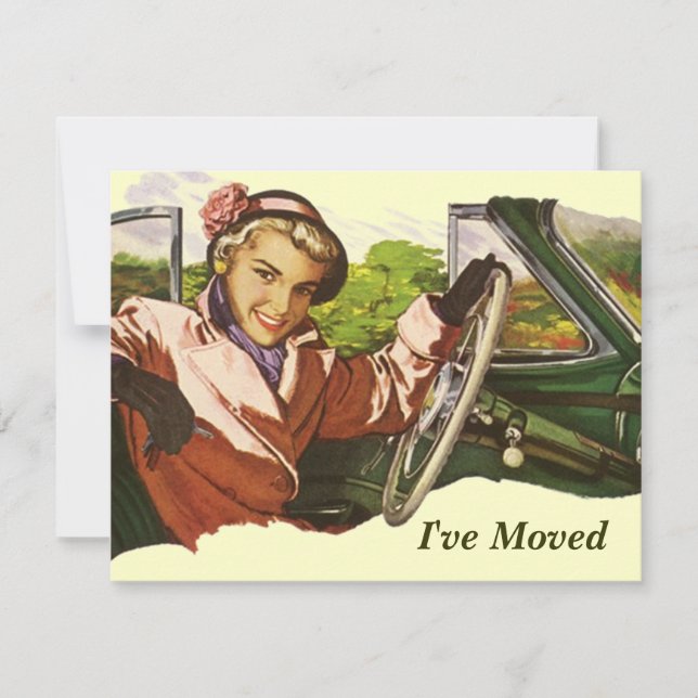 Retro Gal en voiture J'ai déménagé Faire-part (Devant)