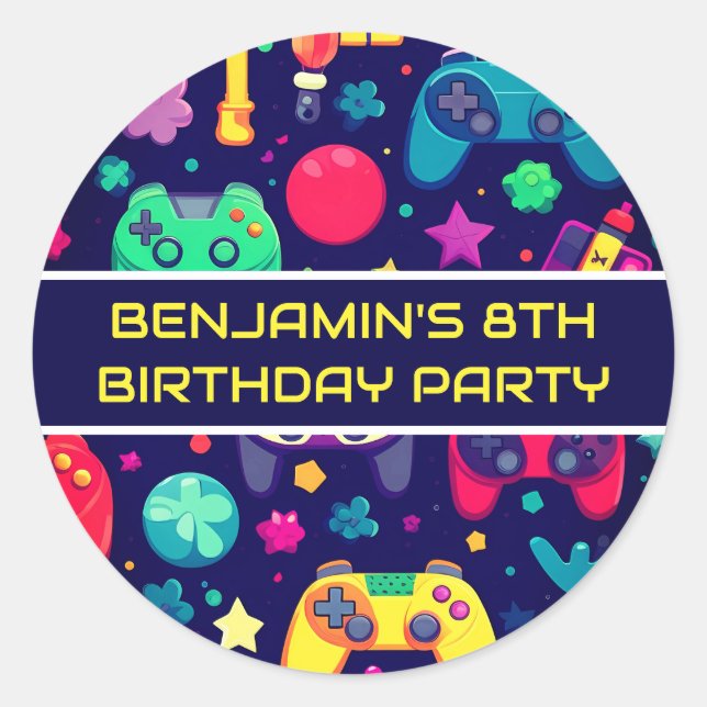Retro Gamer Arcade Birthday Party Runder Aufkleber (Vorderseite)