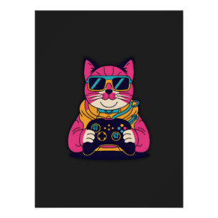 Retro Gamer Cat - 80er Vibes Neon Gaming T-Shirt Poster