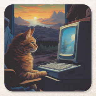 Retro Gamer Cat   8-Bit Pixel Art Gaming Rechteckiger Pappuntersetzer