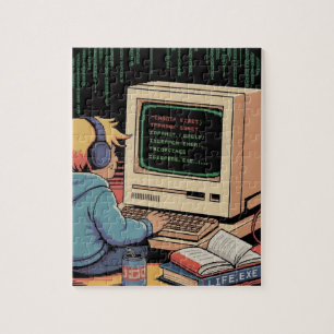 Retro Gamer Kid auf Vintagen Computer Pixel Art