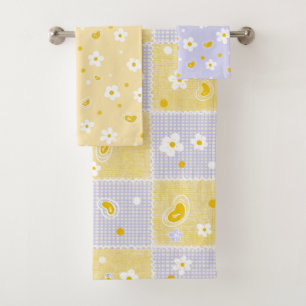 Retro-Gänseblümchen-Blumenmuster Gelb und Lila Badhandtuch Set