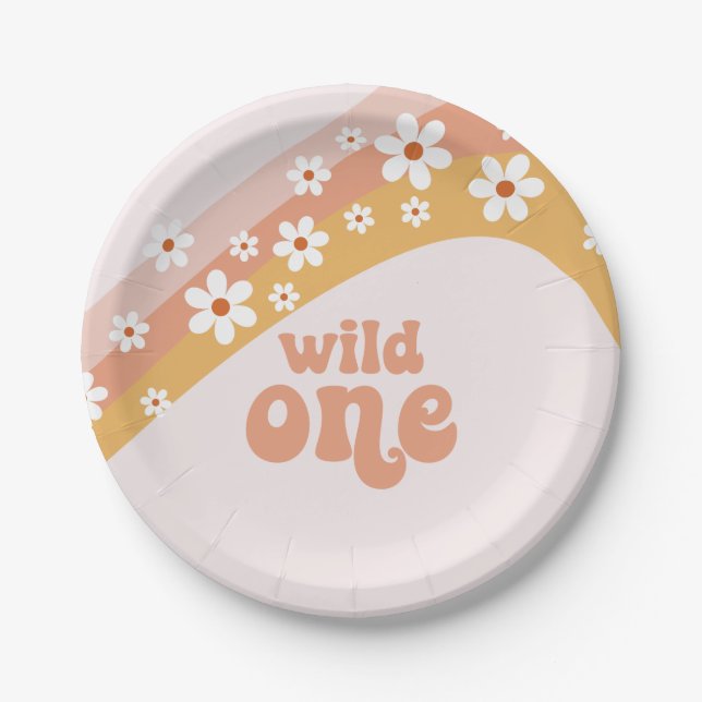 Retro-Gänseblümchen-Boho-Wild-One-Regenbogen-Papie Pappteller (Vorderseite)