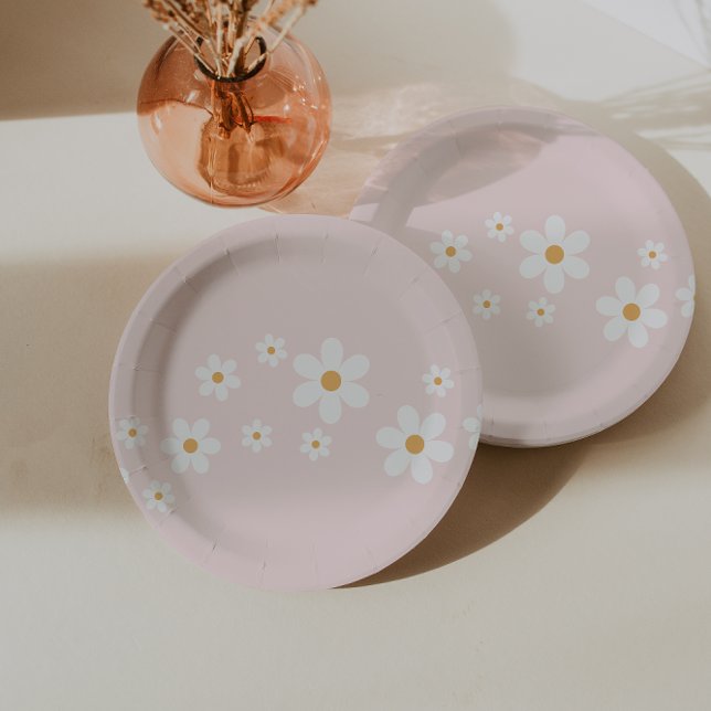 Retro-Gänseblümchen Hellrosa Blumenmuster Pappteller (Von Creator hochgeladen)