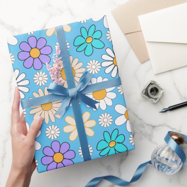 Retro-Gänseblümchen-Muster Einfach.01. Hellblauer  Geschenkpapier (Schenken)