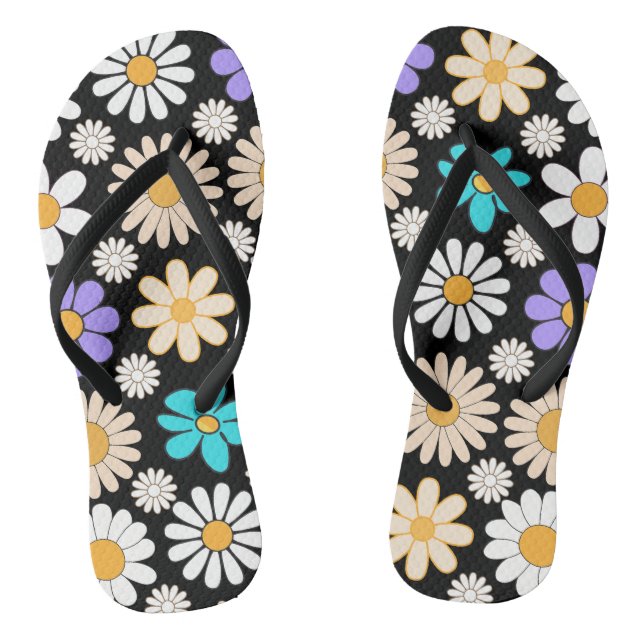 Retro-Gänseblümchen-Muster Einfach.01. Schwarzer H Flip Flops (Fußbett)