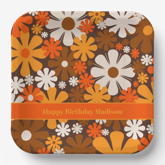 Retro Garden 70er 60er Brown & Orange Blumenmuster Pappteller (Vorderseite)