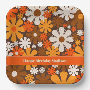 Retro Garden 70er 60er Brown & Orange Blumenmuster Pappteller