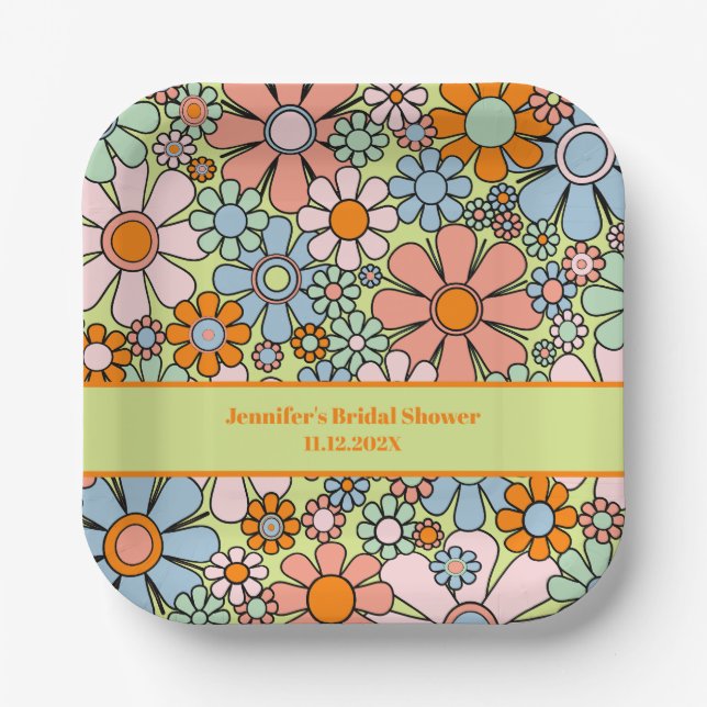 Retro Garden Blume 60er 70er Boho Blumenmuster Pappteller (Vorderseite)