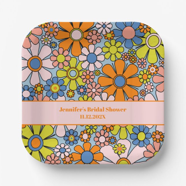 Retro Garden Blume 60er 70er Boho Blumenmuster Pappteller (Vorderseite)