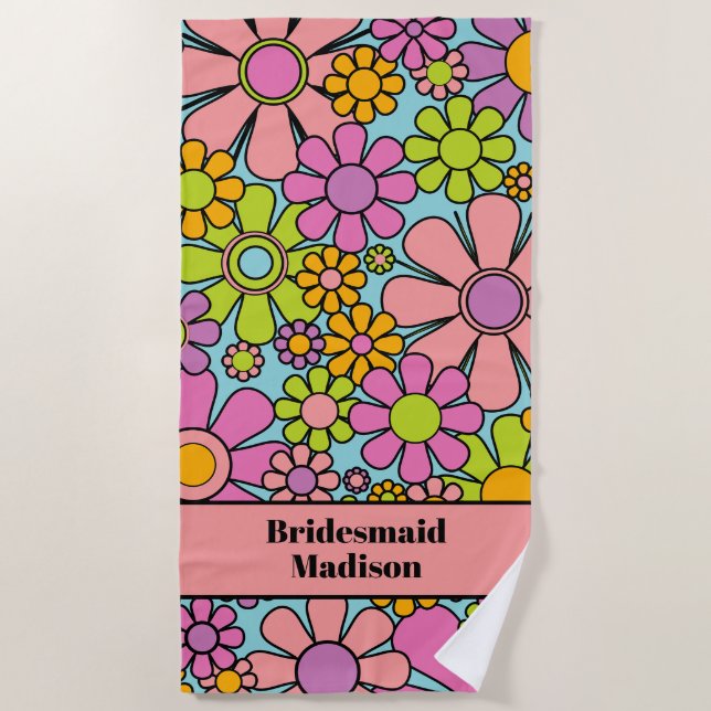 Retro Garden Blume 60er 70er Floral Bridesmaid Strandtuch (Vorderseite)