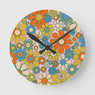 Retro Garden Blume 60er 70er Floral Muster Runde Wanduhr