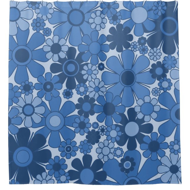 Retro Garden Blume 60er 70er Floral Pattern Blau Duschvorhang (Vorderseite)
