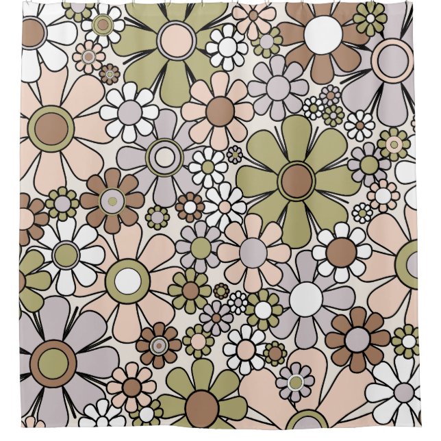 Retro Garden Blume 60er 70er Mutes Frühlingsfloral Duschvorhang (Vorderseite)
