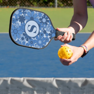 Retro Garden Blume Blaues Muster mit Initial Pickleball Schläger