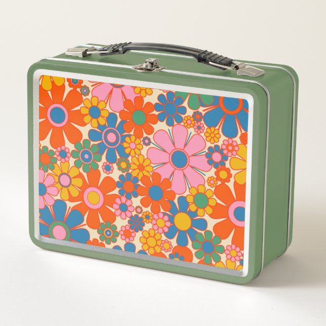 Retro Garden Blume Farbenfrohe 60er 70er Floral Metall Brotdose (Vorderseite)