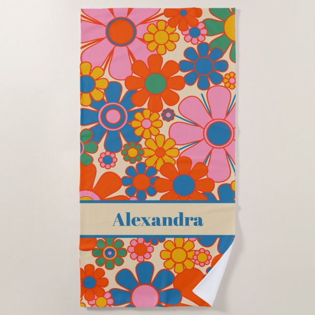 Retro Garden Blume Farbenfrohe 60er 70er Name Strandtuch (Vorderseite)